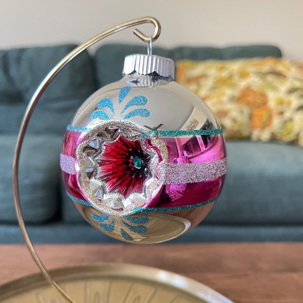 Radko Shiny Brite Glitter Striped Ornament Indent Ball Pink‎ Teal blue red XL